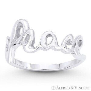 "Peace" Word Cursive Script Stackable Ring in .925 Sterling Silver - Size 5